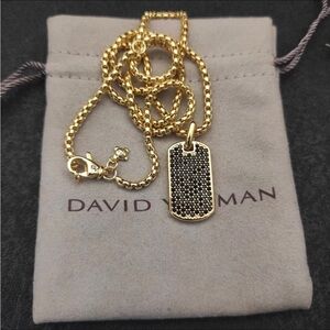 David Yurman Gold Necklace with Black Pavé Dog Tag Pendant